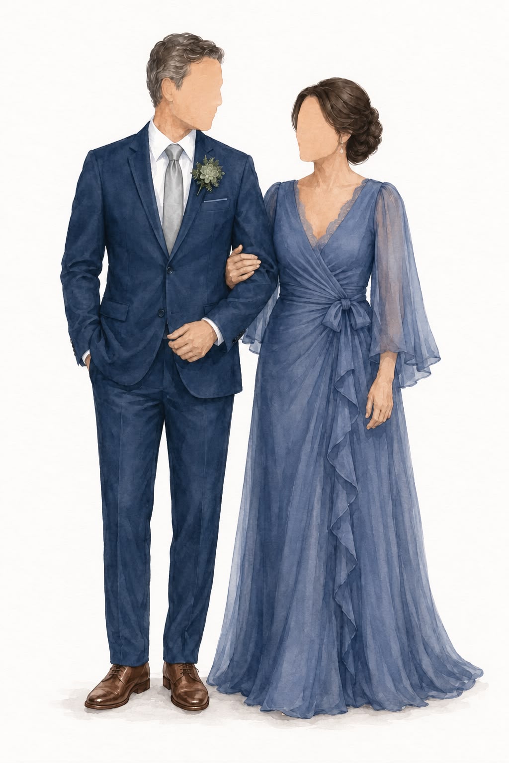 Ilustração em aquarela: pai de terno azul-marinho e mãe de vestido longo azul